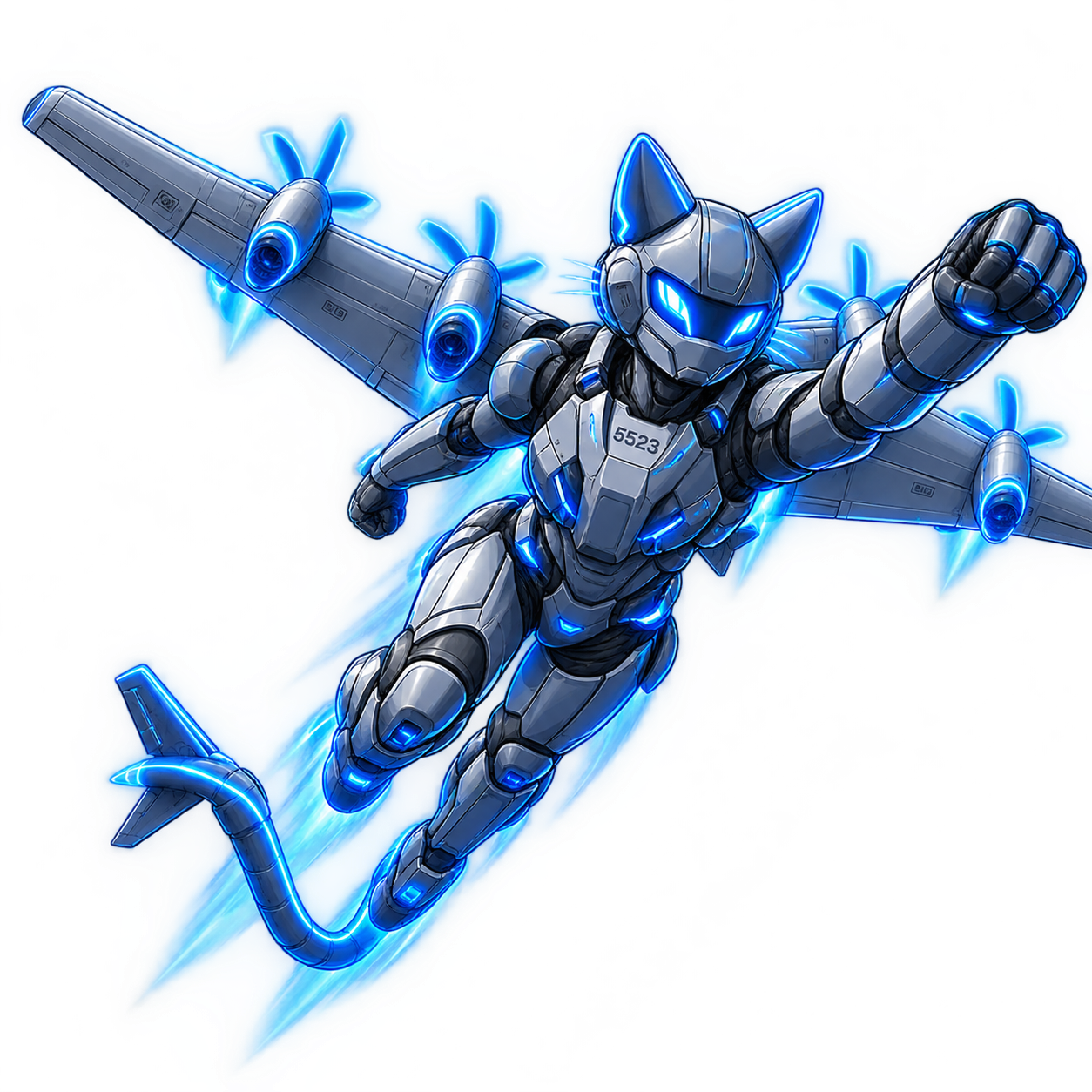 Hercules Cat, a winged armored cat with glowing blue accents standing on a runway