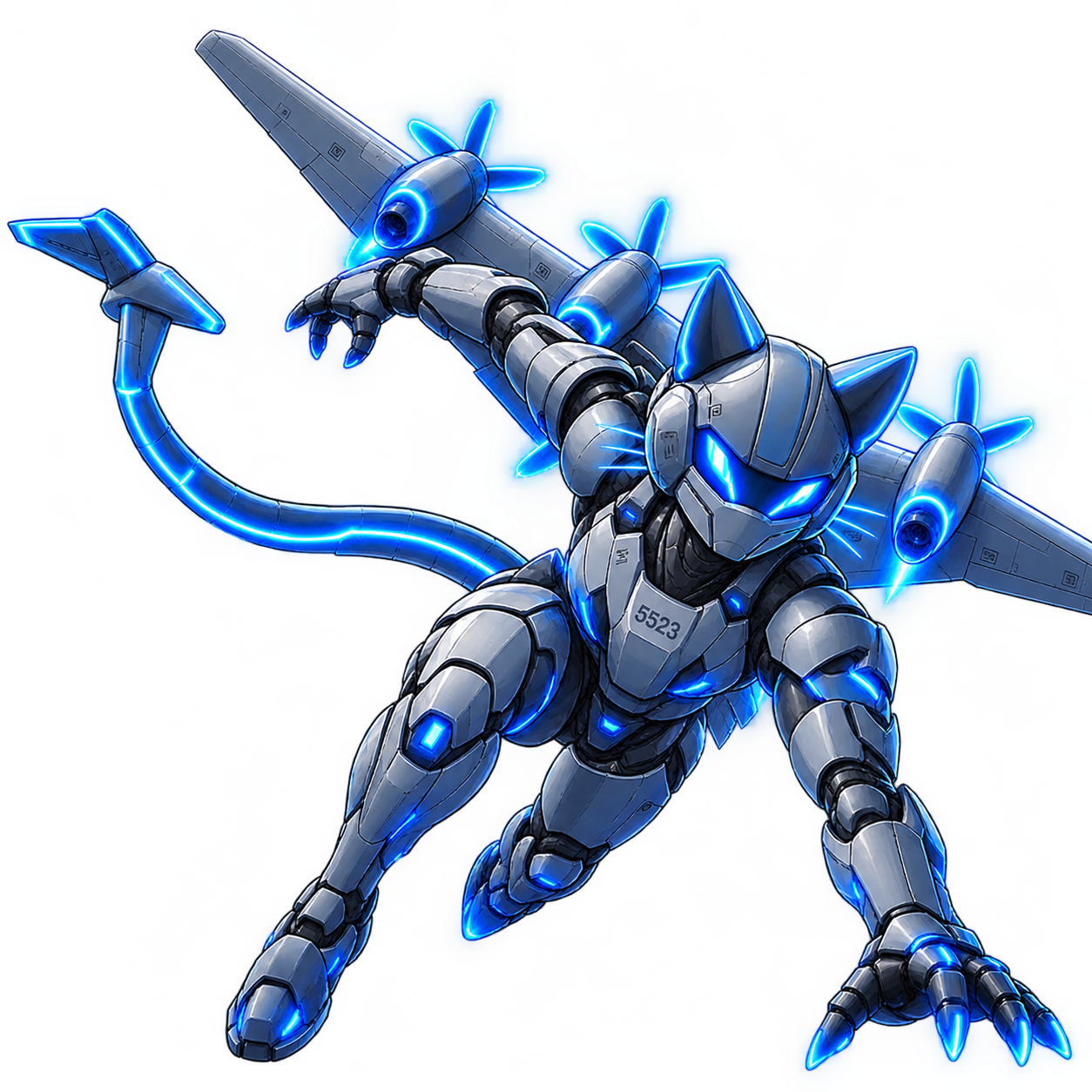 Hercules Cat, a winged armored cat with glowing blue accents standing on a runway