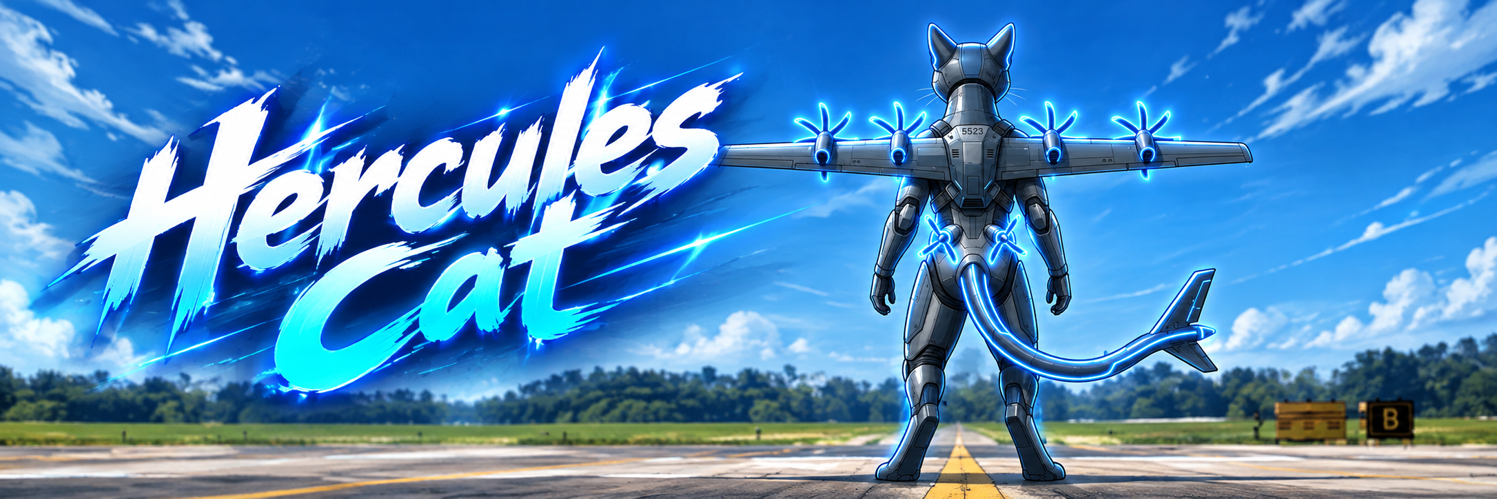 Hercules Cat banner: the winged armored cat standing on a runway beneath the Hercules Cat title
